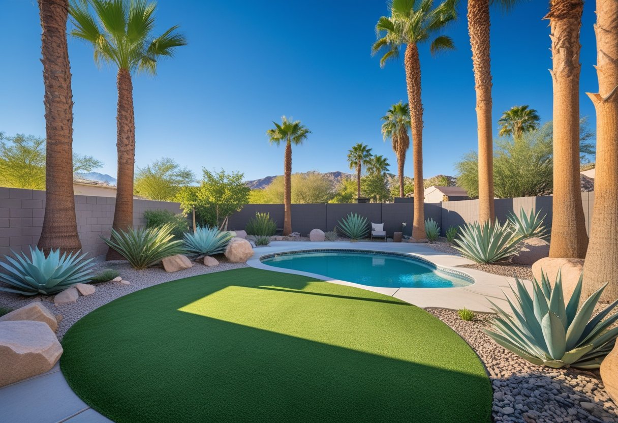 Artificial turf cleaning in Summerlin NV backyard with palm trees