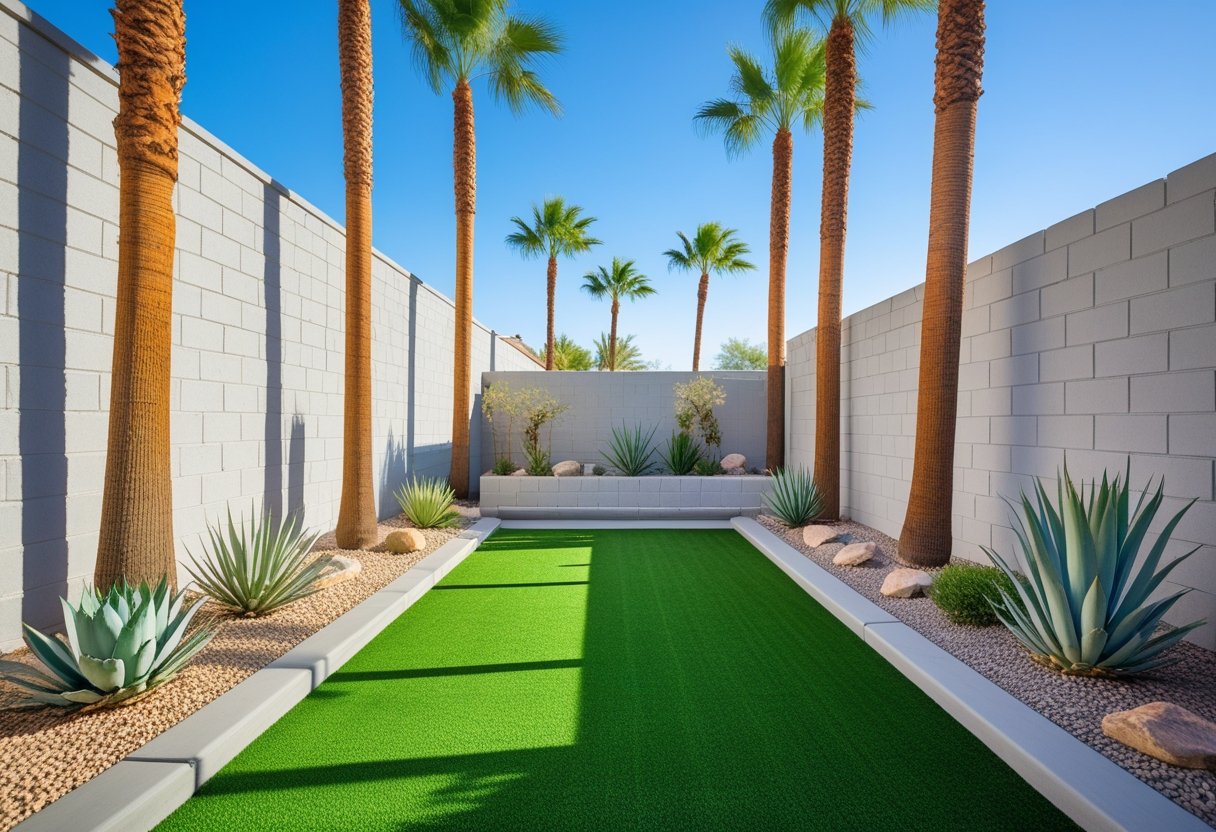 Turf cleaning in Boulder City with palm trees and block wall