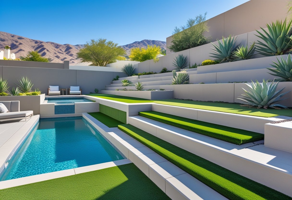 Clean artificial turf in a Green Valley backyard near pool