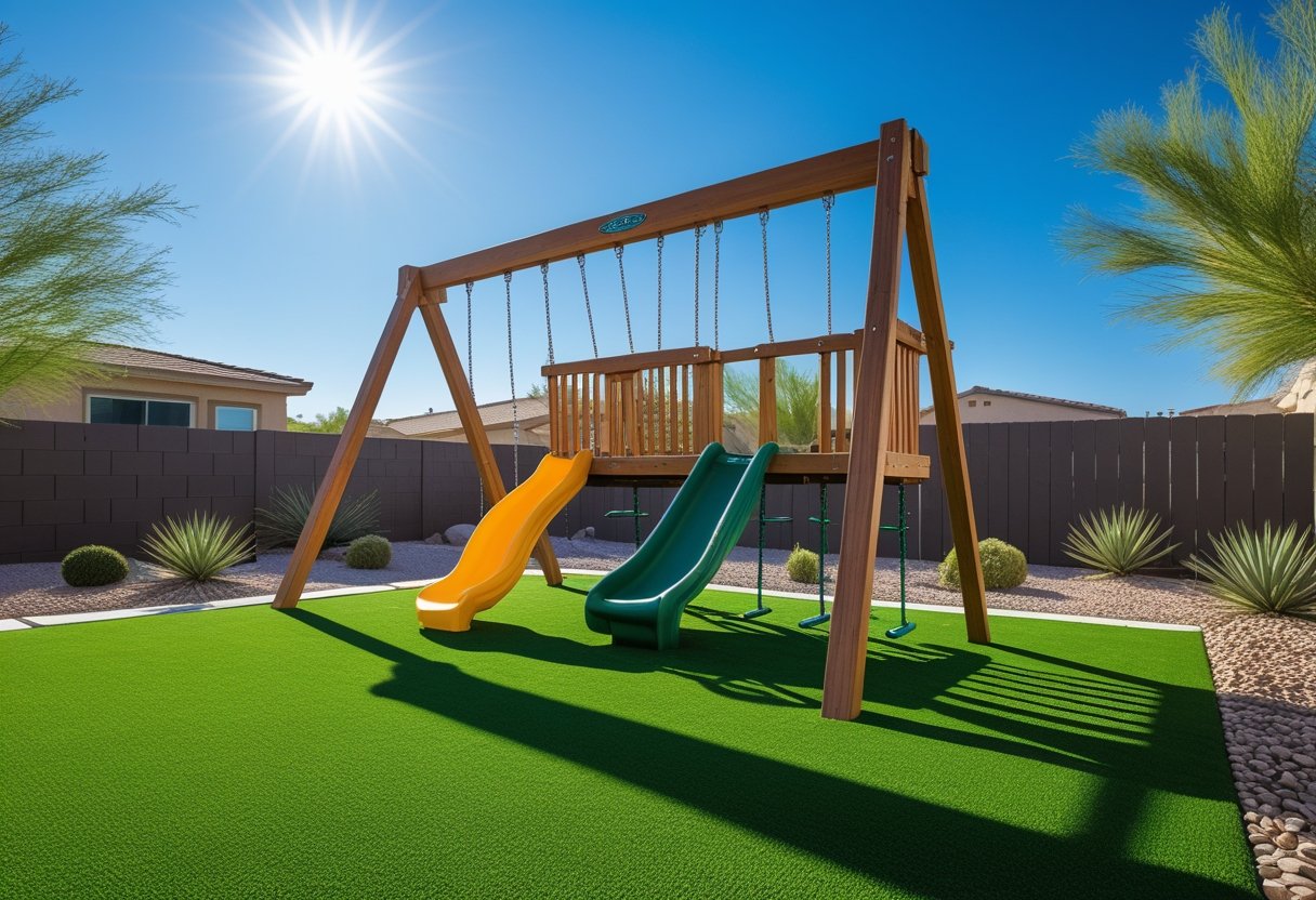 Family backyard with clean artificial turf in North Las Vegas
